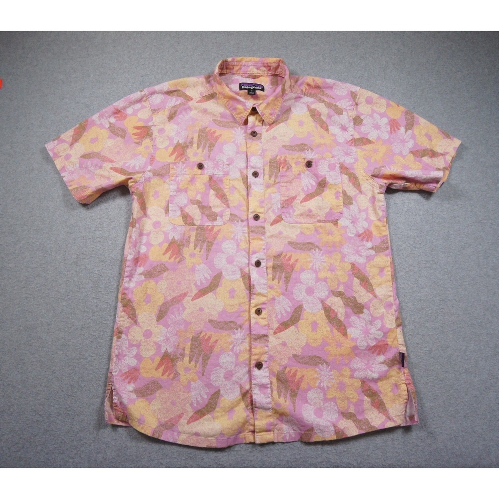 Patagonia Shirt Mens Meduium Button Up Short Sleeve Hawaiian Floral Hemp Cotton